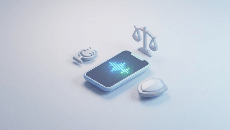 음성 파형이 보이는 스마트폰과 마이크, 저울 아이콘으로 녹음 증거 쟁점을 표현한 미니멀 3D 이미지