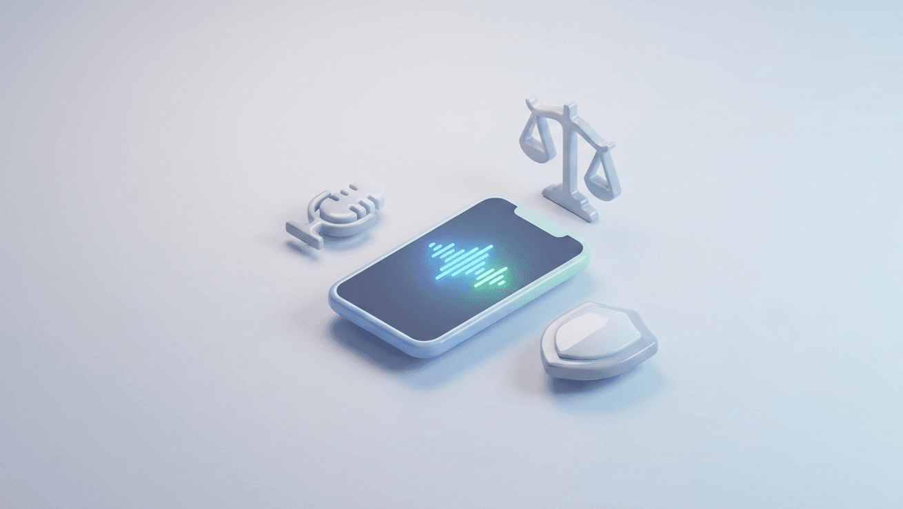 음성 파형이 보이는 스마트폰과 마이크, 저울 아이콘으로 녹음 증거 쟁점을 표현한 미니멀 3D 이미지