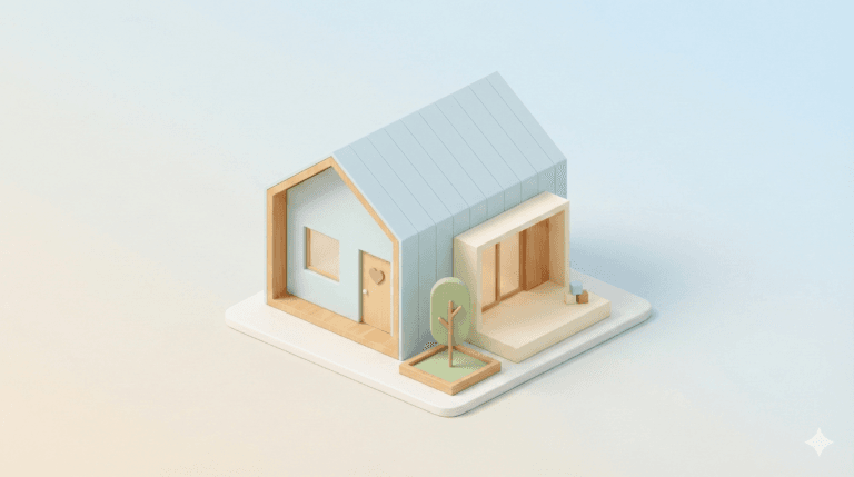 파스텔톤 하늘색 지붕과 나무 질감의 문이 특징인 미니멀한 3D 단독주택 아이소메트릭 일러스트