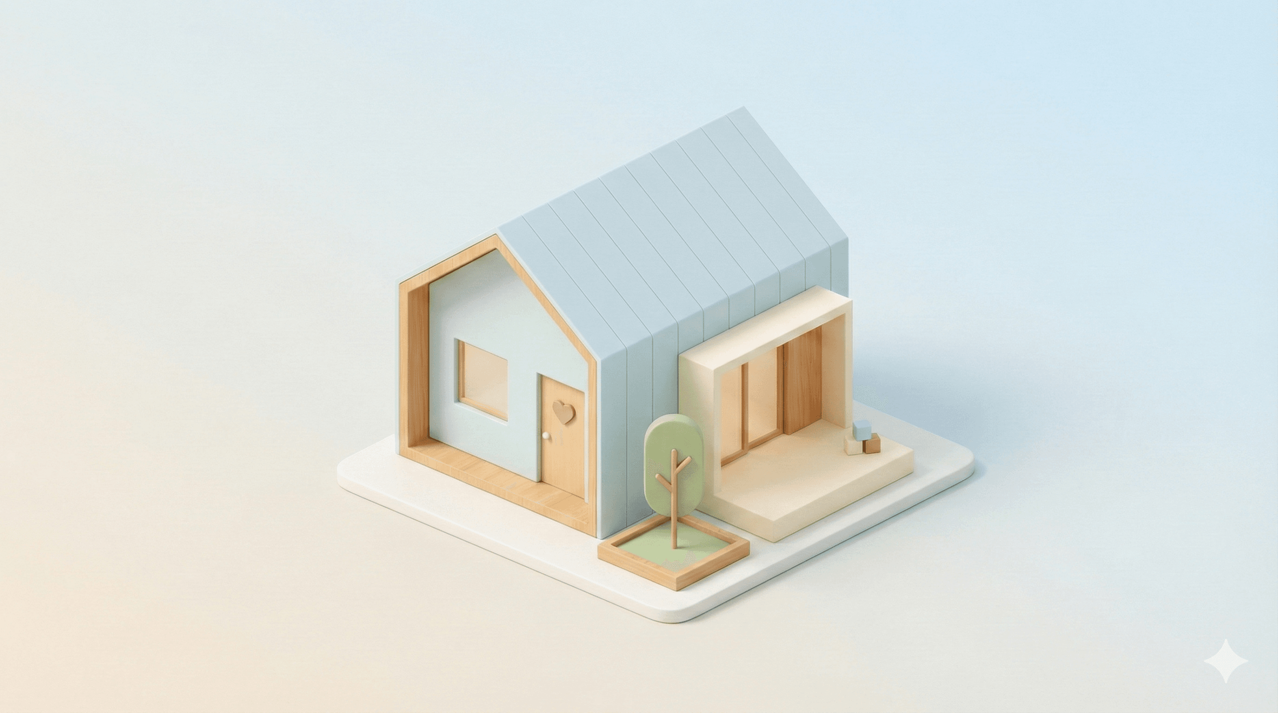 파스텔톤 하늘색 지붕과 나무 질감의 문이 특징인 미니멀한 3D 단독주택 아이소메트릭 일러스트