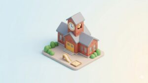 "시계탑과 종이 달린 건물, 작은 미끄럼틀과 모래사장이 있는 초등학교 모양의 3D 미니멀 아이콘"