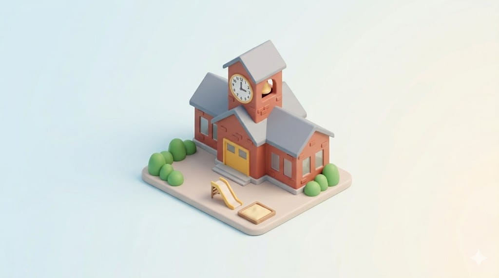 "시계탑과 종이 달린 건물, 작은 미끄럼틀과 모래사장이 있는 초등학교 모양의 3D 미니멀 아이콘"