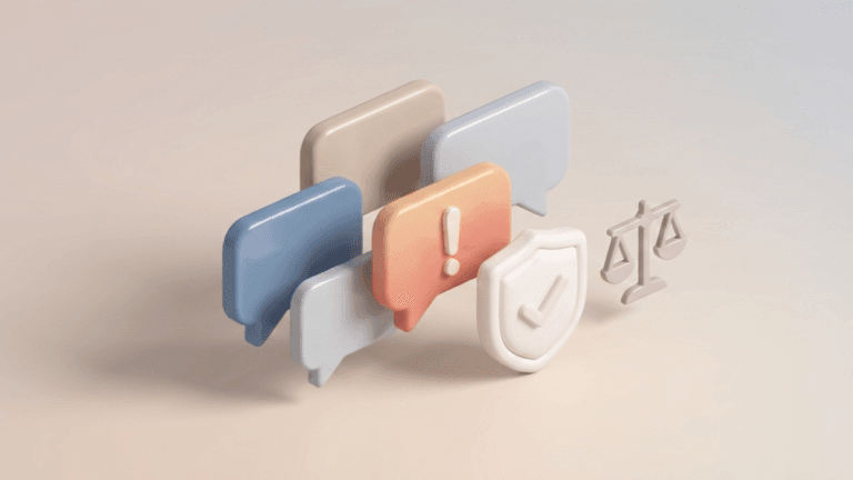 파스텔 톤의 중성 배경 위에 그룹 채팅 말풍선과 강조된 경고 말풍선, 방패와 저울 아이콘이 배치된 소프트 미니멀 3D 아이콘 이미지.