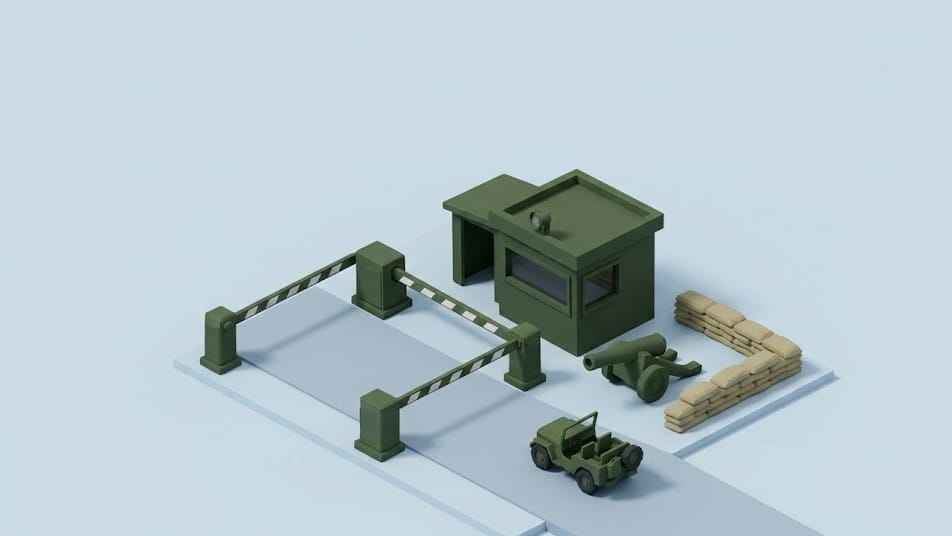 국방색 군대 위병소 초소와 줄무늬 차단기, 대포가 배치된 3D 등축 투영 스타일의 일러스트