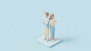 파스텔 블루 배경에서 서로 등을 대고 팔짱을 낀 채 서 있는 미니멀한 3D 커플 일러스트. 관계의 갈등이나 불화를 상징하는 아이소메트릭 이미지.
