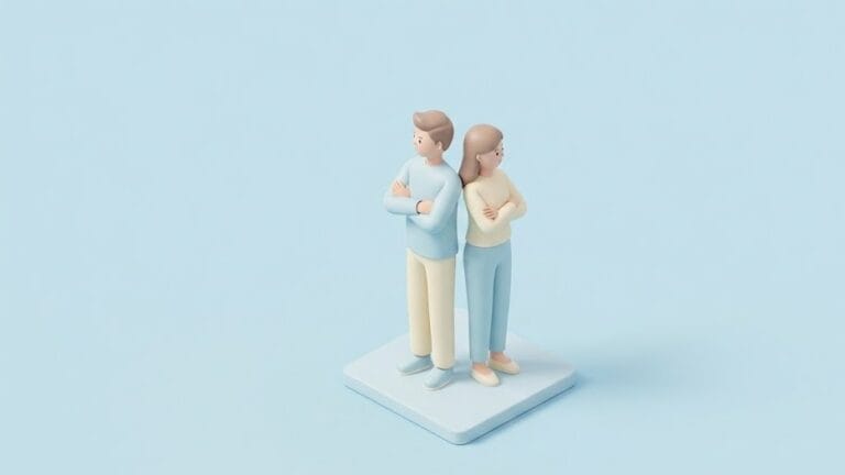 파스텔 블루 배경에서 서로 등을 대고 팔짱을 낀 채 서 있는 미니멀한 3D 커플 일러스트. 관계의 갈등이나 불화를 상징하는 아이소메트릭 이미지.