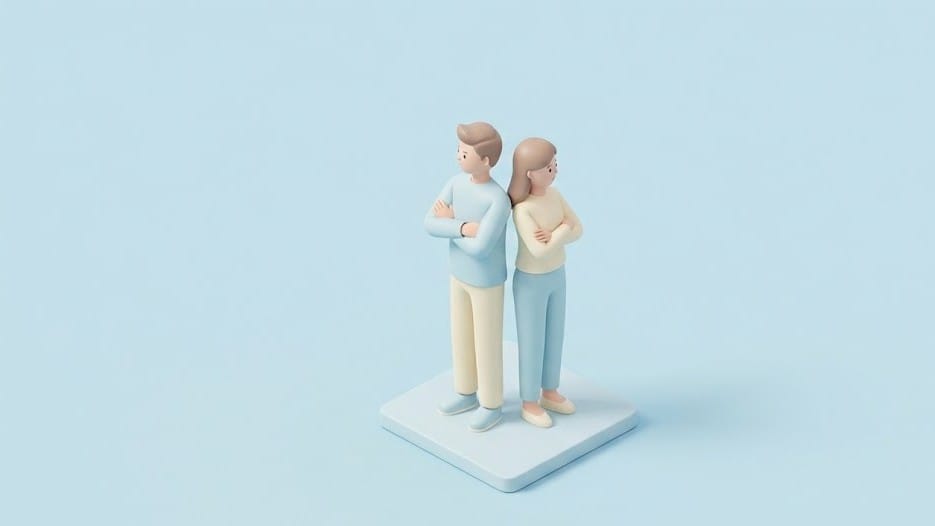 파스텔 블루 배경에서 서로 등을 대고 팔짱을 낀 채 서 있는 미니멀한 3D 커플 일러스트. 관계의 갈등이나 불화를 상징하는 아이소메트릭 이미지.