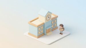 시계탑이 있는 파스텔 톤의 미니멀한 3D 학교 건물 옆에 책가방을 메고 서 있는 작은 아이의 아이소메트릭 일러스트