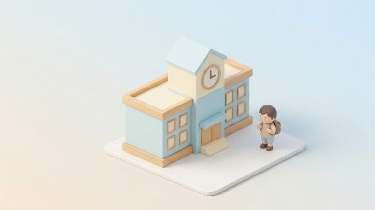 시계탑이 있는 파스텔 톤의 미니멀한 3D 학교 건물 옆에 책가방을 메고 서 있는 작은 아이의 아이소메트릭 일러스트