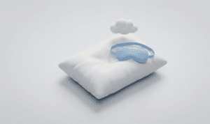 흰색 베개 위에 파란색 안대와 작은 구름이 떠 있는 3D 미니멀 수면 테마 일러스트