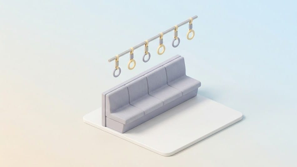 파스텔 톤의 회색 좌석과 상단 손잡이가 설치된 미니멀한 3D 지하철 전동차 내부 아이소메트릭 일러스트