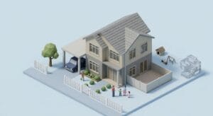 "연한 베이지색 벽면과 회색 지붕, 그리고 옆에 작은 원형 나무가 배치된 심플한 3D 등축 투영 주택 일러스트"