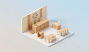 미니멀리스트 아이소메트릭 3D 렌더링으로 표현된 텅 빈 법정 장면. 판사석 위에는 의사봉과 사운드 블록이 놓여 있고, 그 뒤 벽에는 stylized 형태의 정의의 저울 아이콘이 그려져 있습니다. 증인석, 의자가 있는 검사와 변호인 테이블, 부속 탁자가 배치되어 있으며, 부드러운 파스텔 톤 색감과 깨끗한 조명으로 처리된 그라데이션 배경입니다.