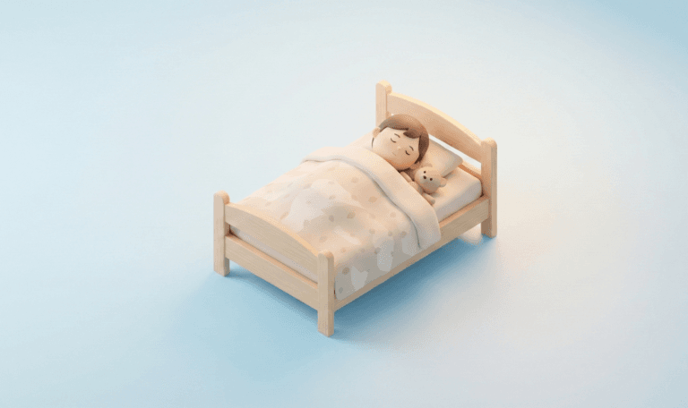 나무 침대에서 곰 인형과 함께 이불을 덮고 평화롭게 자고 있는 아이의 따뜻한 3D 일러스트레이션