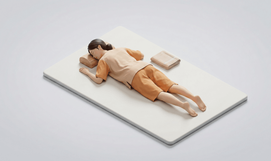 찜질방복을 입고 매트 위에서 엎드려 깊이 잠든 여성의 모습