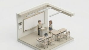 학원 강의실에서 남자 선생님이 앞에 서서 설명하고 옆에 여자 학생이 함께 서 있는 장면이다.