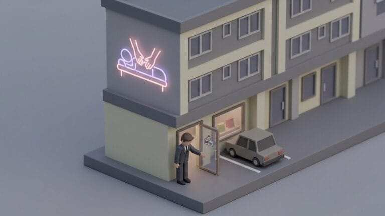 마사지 네온사인이 켜진 건물 앞에서 한 남성이 입구 근처에 서서 손님을 맞이하거나 유인하는 듯한 모습의 미니멀 3D 아이소메트릭 일러스트