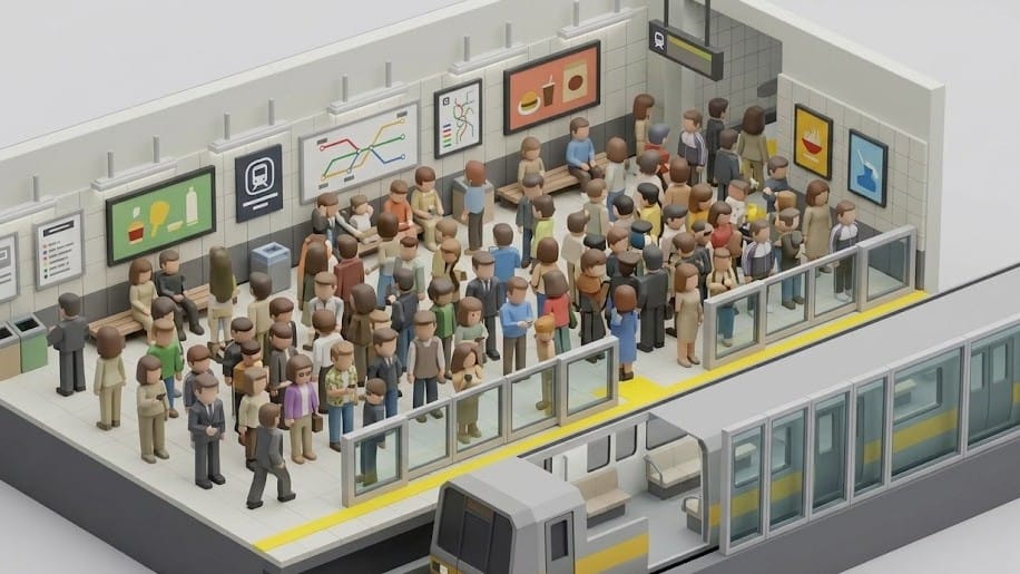 많은 사람들이 지하철 승강장에 모여 열차를 기다리는 혼잡한 장면