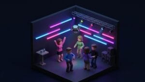 어두운 클럽 안에서 사람들이 춤추는 가운데 한 남성이 여성에게 부적절하게 접근하는 장면