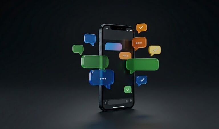 어두운 배경에 떠 있는 다양한 색상의 3D 채팅 말풍선 아이콘과 스마트폰