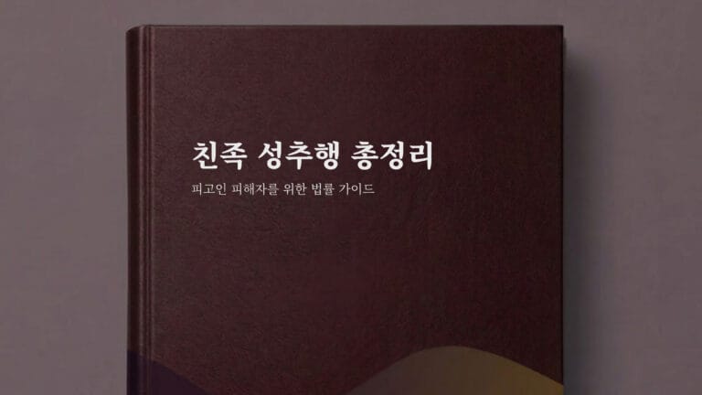 어두운 배경에 보호와 법을 상징하는 요소로 구성된 친족 성범죄 법률 가이드북 표지 이미지이다.