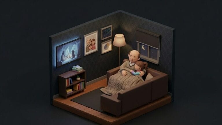 어두운 거실에서 아빠와 딸이 나란히 누워 TV를 시청하는 장면이다.