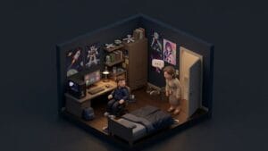 어두운 실내 공간에서 여자 선생님이 중학생 제자에게 차분히 말을 건네는 장면이다.