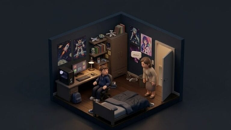 어두운 실내 공간에서 여자 선생님이 중학생 제자에게 차분히 말을 건네는 장면이다.