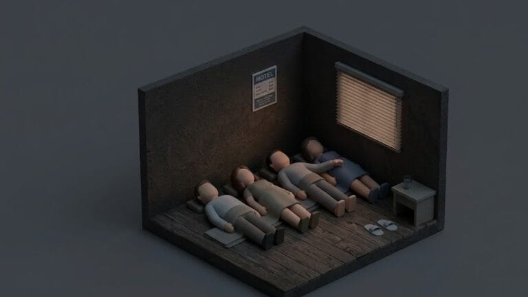 어두운 모텔 방 바닥에 네 사람이 나란히 누워 자고 있고 한 남자의 손이 옆 여성 쪽으로 뻗어 있는 모습을 위에서 본 실루엣 미니멀 일러스트 이미지