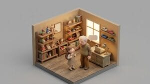 가게 안에서 할아버지가 어린 아이의 등을 다정하게 토닥이며 위로하는 장면이다.