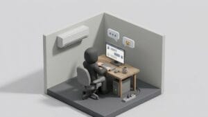 컴퓨터 앞에 앉아 채팅을 하는 후드티를 쓴 남성을 표현한 미니멀 일러스트 이미지