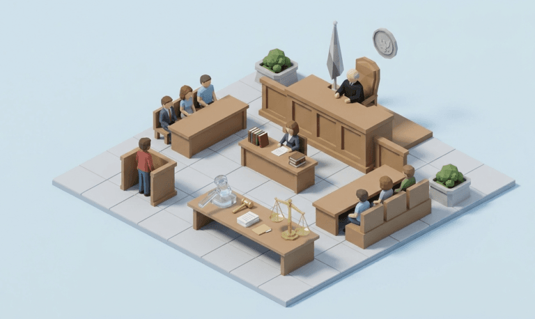 판사석, 변호인석, 증인석과 방청객이 배치된 3D 등축 투영 스타일의 미니멀한 법정 내부 전경 일러스트