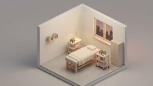 아이소메트릭 3D 일러스트로 표현된 야경이 있는 마사지 룸 인테리어.