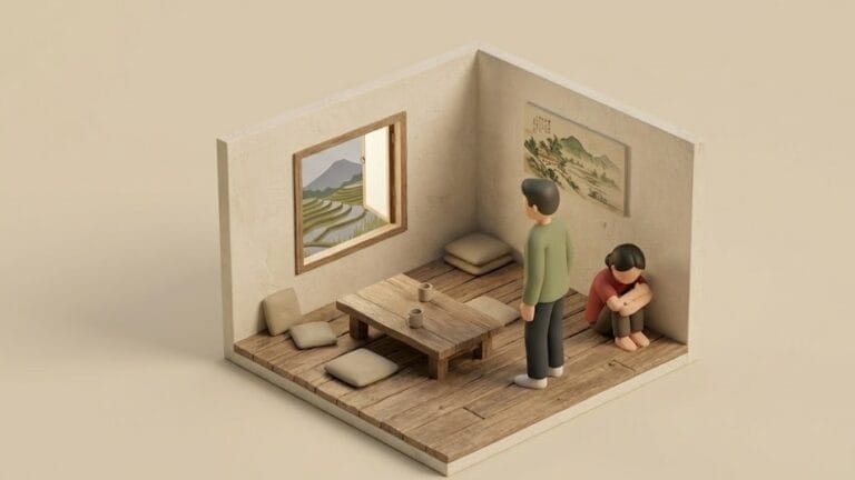 한국 농촌 단층 주택 내부에서 한국 남성과 뒤에서 위축된 베트남 여성을 표현한 미니멀 일러스트 이미지