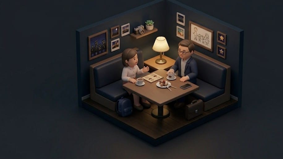 어두운 조명의 레스토랑에서 남자 어른과 중학생 아이가 마주 앉아 있는 장면이다.