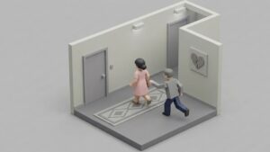 복도에서 앞서가는 여자를 남자가 뒤쫓아가는 긴장감 있는 분위기의 3D 미니멀 일러스트