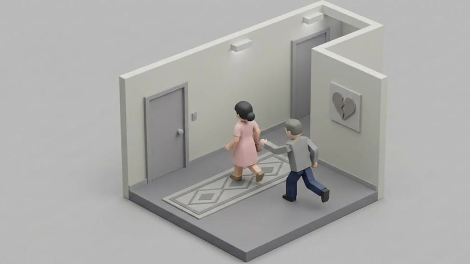 복도에서 앞서가는 여자를 남자가 뒤쫓아가는 긴장감 있는 분위기의 3D 미니멀 일러스트