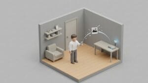 실내에서 스마트폰을 들고 사진 아이콘을 전송하고 있는 남성의 미니멀한 3D 일러스트