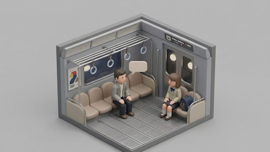 지하철에서 대화하는 남자와 교복 입은 학생