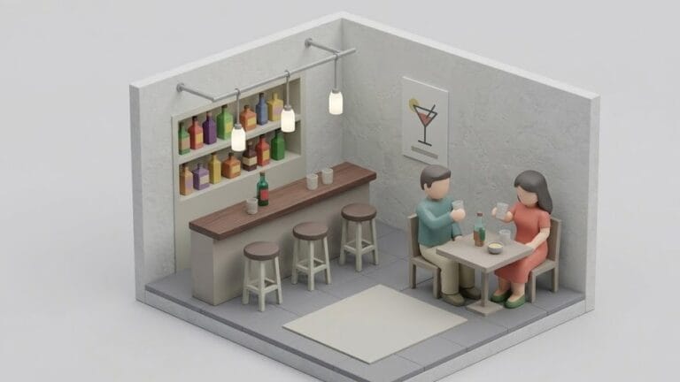 술집 실내에서 남녀가 함께 술을 마시는 모습을 표현한 미니멀 일러스트 이미지