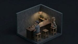 어두운 바 테이블에서 빈 잔과 술병이 놓인 가운데 서로 등을 돌리고 앉아 있는 남녀를 표현한 미니멀 일러스트 이미지