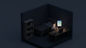 어두운 방에서 휴대폰으로 채팅을 하고 있는 남성을 표현한 미니멀 일러스트 이미지