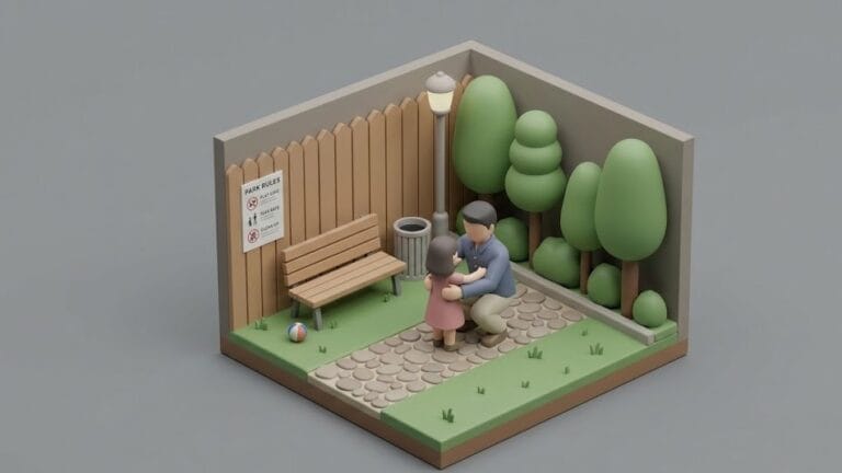 공원에서 쪼그려 앉은 남성이 어린 여자 아이를 안는 장면을 표현한 미니멀 일러스트 이미지