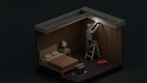 어두운 모텔 객실에서 천장에 CCTV를 설치하는 남성을 표현한 미니멀 일러스트 이미지