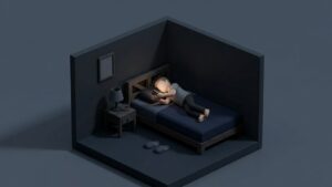 어두운 배경에서 누워서 휴대폰으로 영상을 보고 있는 남성을 표현한 미니멀 일러스트 이미지