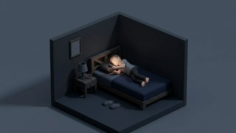 어두운 배경에서 누워서 휴대폰으로 영상을 보고 있는 남성을 표현한 미니멀 일러스트 이미지