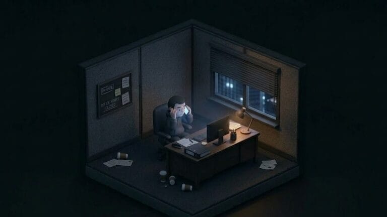 어두운 사무실에서 전화를 하고 있는 남성을 표현한 미니멀 일러스트 이미지