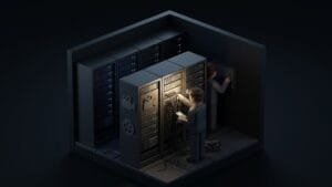 어두운 서버실에서 촬영물 보관 서버를 관리하는 남성을 표현한 미니멀 일러스트 이미지