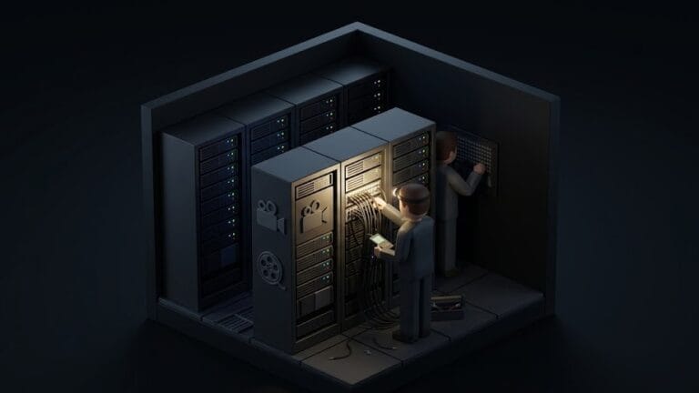 어두운 서버실에서 촬영물 보관 서버를 관리하는 남성을 표현한 미니멀 일러스트 이미지