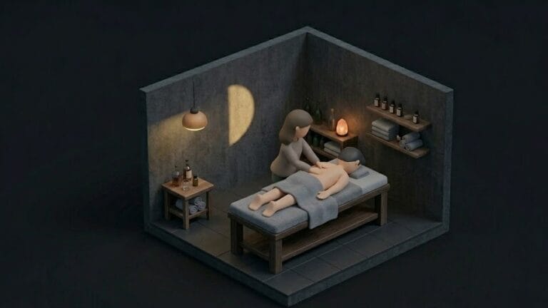 어두운 스파 룸에서 마사지 베드에 누워 있는 남성과 마사지를 하는 여성을 표현한 미니멀 일러스트 이미지